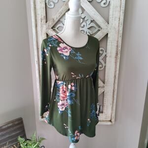 Due Time Maternity 3/4 Sleeve Cross Back Tunic Blouse Top in Floral Olive Green